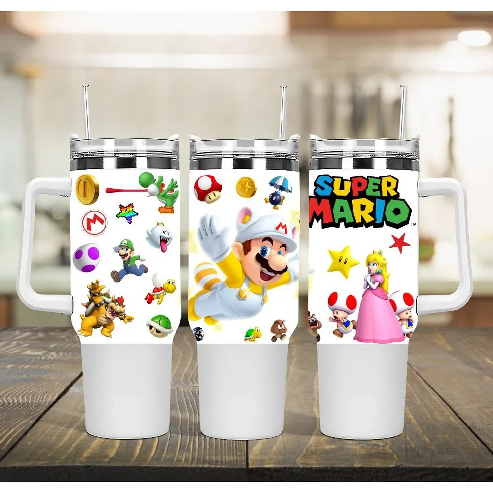 Custom Nintendo Super Mario Bros Tumbler 40 oz tumbler with hand carry handle. B